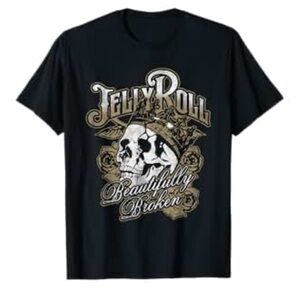 Jelly Roll Beautifully Broken Skull and Glowers Graphic T-Shirt Black Size XL